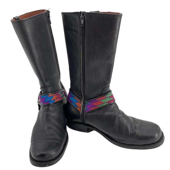 Black Leather Motorcycle Boot with Woven Harness Bohemian Vibes Unisex M9 W11 - Picture 1 of 14